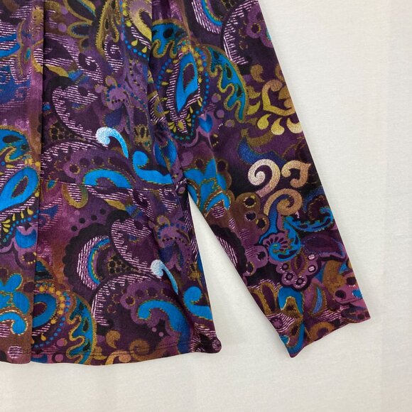 Chico's Travelers size Large/2 Purple Blue Floral Artsy Slinky Knit Open Jacket - Picture 8 of 10